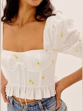 For Love & Lemons Abby Blouse Ivory Daisies White Crop Top Puff Sleeves